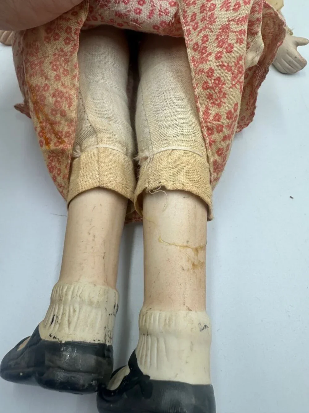 Antique Porcelain Doll With Floral Dress Blonde Hair & Lace Accents